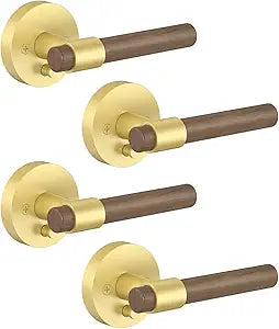 Asidrama 4 Pack Privacy Brush Gold Door Handles, Indoor Solid Wood Heavy Duty Door Lever with Door Knobs for Bedroom or Bathroom, Door Handles Interior with Locks for Left Right Sided Doors