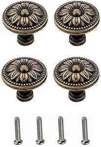 Vintage Flower Shape Cabinet Drawer Knobs, Antique Bronze Dresser Drawer Handles 4Pcs, Flower Shape Total Size 2.6 x 3.0cm/1" x 1.2"(H*D)