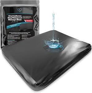 Vinyl Waterproof Fitted Sheet, California King 72 x 84 inches, 15.75" Deep Pocket, Phthalate-Free Black Wipe-Clean Mattress Protector with Side Pocket & Repair Kit, for Massage Oil & Silicone