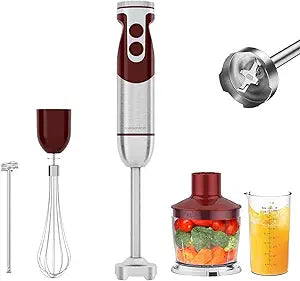 MegaWise 5-in-1 Immersion Hand Blender Set with Variable Speed, 400W, Stainless Steel - Includes Chopper, Whisk, Milk Frother, and Beaker - Ideal for Soups, Smoothies, Baby Food & More (RED)