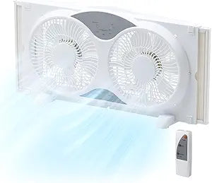 EZ-CHILL 9Γ Window Fan with Remote Control, 3 Speed Dual Fans with Auto-Locking Expanders, 3 Modes (Cool, Circulate, Exhaust), Fabric Cover, White