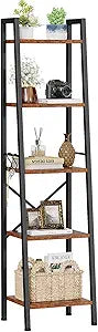 Furologee 5 Tier Ladder Shelf Bookcase, Tall Narrow Bookshelf with 2 Hooks, Rustic Brown Bathroom Corner Book Shelf, Metal Wood Book Case Standing Unit, Display Shelf for Living Room Office Kitchen