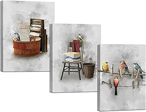 Biuteawal Vintage Laundry Room Wall Art Decor Bird Picture Painting Old Style Laundry Basin Picture Home Bathroom Wall Posters Stretched and Framed Canvas Set of 3 Ready to Hang