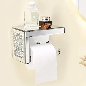 TACIDON Crystal Crush Diamond Toilet Paper Holder with Mirrored Shelf. Silver Modern Toilet Paper Holder Wall Mounted, Glamorous Mirror Toilet Paper Roll Holder for Bathroom Washroom.