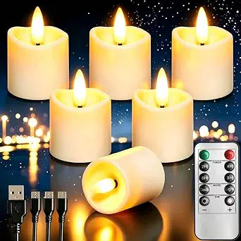 Rechargeable Flameless Tea Light Candles with Timer Remote, 1.5"x2.2" Electric Fake Flickering Votive Candles for Anniversary Wedding Centerpiece Table Decor Funeral Halloween Christmas (6 Pack)
