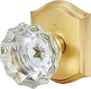 Premium Glass Door Knobs, Bathroom Bedroom Door Knobs with Lock, Privacy Gold Door Knob Interior, Satin Brass
