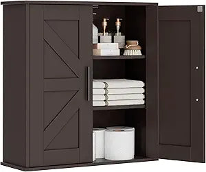 Homleke Bathroom Wall Cabinet, Over Toilet Storage Cabinet with Barn Doors and Adjustable Shelves, 3-Tier Medicine Cabinet Wall Mounted, for Bathroom, Kitchen, Entryway, Laundry Room, Brown, (7.9" D)