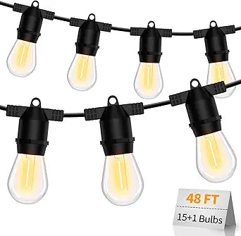 S14 LED Outdoor String Lights, IP65 Waterproof 48FT Outside Patio Lights, Edison Shatterproof Bulb Vintage Backyard Lights, Balcony, Deck, Garden Lights