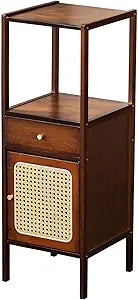 Welnow 3-Tier Narrow Wood Bookcase with Rattan Door, Mid-Century Modern Small Bookshelf and Display Shelf, Tall Floor Shelf for Living Room, Office, Walnut