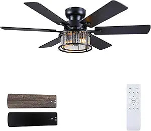 Hounberi 48" Flush Mount Ceiling Fan with Light and Remote, Black Industrial Caged Ceiling Fan with Dual-Finish 6 Blades, Reversible DC Motor, Farmhouse Crystal Ceiling Fan for Bedroom, Living Room