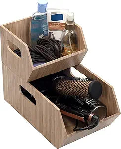 MobileVision Bamboo Storage Bins for Bathroom Cabinet Organizer, 2 PC Stackable Set, Holds Toilet Paper, Wipes, Towels, Air Freshener, Hair Accessories & more