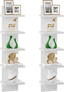 IBUYKE 5-Tier Modern Wall-Mounted Shelf, White Vertical Shelf, Floating Storage, Organizer, Tall Tower Design, Decorative Wall Mount Shelving for Home, Bedroom, Living Room, Office Decor WBC009W-2