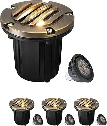 MALORY Brass Top Cover Landscape Well Lights, (5''H) 12V Low Voltage Outdoor In Ground Lights,Landscape Lighting for Pathway, Driveway and Garden 4 Pack with MR16 Bulb (Grated Top, 4-Pack with Bulb)