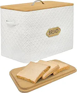 EMAX HOME Extra Large Space Saving Farmhouse Bread Box With Wood Lid - Holds 2 Loaves - Vertical Breadbox Bread Storage Bin Holder for Kitchen Countertop, White