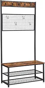 VASAGLE Industrial Coat Rack Stand, Shoe Rack Bench with Grid Memo Board, 9 Hooks and Storage Shelves, Hall Tree with Stable Metal Frame, Rustic Brown UHSR46BX
