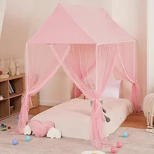 Princess Bed Canopy for Girls - Pink Canopy Princess Castle Dreamy Playhouse Mosquito Net Reading Nook Canopies Play Tent Canopy Bed Curtains for Kids(Twin,Pink), Frame Not Included