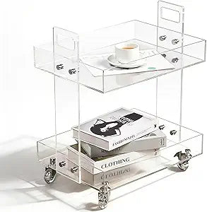 Clear Acrylic 2-Tier Rolling Cart  Modern Side Table with Wheels, Multi-Functional Storage Cart for Living Room & Bathroom, Mobile End Table or Movable Bedside Organizer
