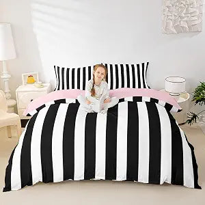 Erosebridal Black and White Striped Queen Comforter Cover | Striped Duvet Cover Pink and Black Bed Set for Kids Teens Adults Cute Pinstripe Girls Bedding Set