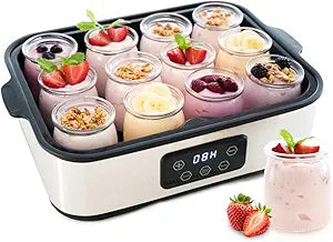 Automatic Yogurt Maker | 12 Glass Jars 180ml, Digital Timer & Temp Control | Stainless Steel Greek Yogurt Machine with Auto Shut-Off for Homemade Healthy Probiotic Snacks