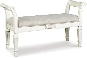 Signature Design by Ashley Realyn French Country Upholstered Tufted Accent Bench with Foam Cushion and Scrolled Arms, Wood Frame, 25.88" High, Antique White