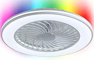 Low Profile Ceiling Fans with Lights, 24" Caged Modern Flush Mount Ceiling Fan with LED Light, Housing Finish White, RGB Back Light