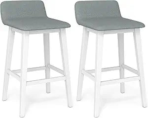 Giantex 29" Bar Stools Set of 2, Upholstered Bar Height Barstools with Low Back, Footrest, Armless Wood Bar Chairs for Kitchen Island, Dining Room, White & Gray