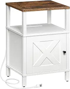 MAHANCRIS Farmhouse Nightstand with Charging Station, White Night Stand End Table with USB, Bedside Table with Storage Cabinet, Modern Side Table for Bedroom, Small Space, Rustic Brown ETRW96E01