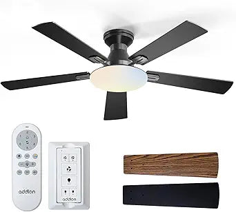 addlon Ceiling Fans with Lights, 52 inch Flush Mount Ceiling fan with Remote Control, Wall Remote, Reversible, 3CCT, Dimmable, Noiseless DC Motor, Black Low Profile Ceiling Fan for Bedroom, Farmhouse