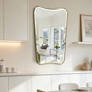 POZINO Brushed Gold Beveled Mirrors, 24"x40" Bathroom Vanity Mirror for Over Sink, Butterfly Shaped Mirrors Decorative, Modern Rectangle Aesthetic Wall Mirror for Living Room Bedroom Hallway Entryway