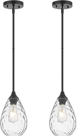 Black Pendant Lights Kitchen Island 2 Pack, Modern Glass Pendant Light Fixtures with Hammered Glass and Rods, Adjustable Small Hanging Light for Kitchen Sink Dining Room Bathroom