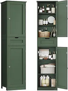 TEENFON Tall Bathroom Cabinet with 2 Doors & 1 Drawer, Narrow Bathroom Storage Cabinet with Adjustable Shelves, for Living Room, Entryway, Kitchen, Forest Green