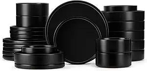 Herogo Dinnerware Sets with Pasta Bowls for 6, 24 Piece Dinner Salad Plates and Cereal Serving Bowls, Stoneware Dishes Dinner Ware for Home Kitchen, Dishwasher & Microwave Safe, Matte Black