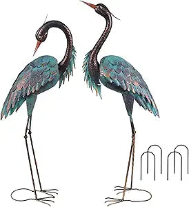 YEAHOME Garden Decor Outdoor Statues, 40"/37" Large Metal Heron Standing Yard Art, Blue Crane Lawn Sculptures Garden Decor for Outside Patio Porch Backyard, Set of 2
