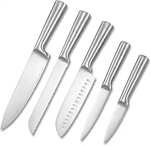 KOFERY 5 Piece Kitchen Knife Set with Seamless One Piece Full Metal Stainless Steel Construction for Professional Culinary Use in Home Kitchens (No Block Included)