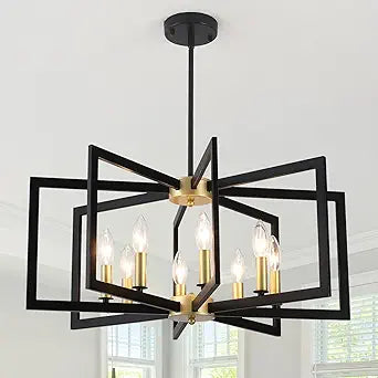 Black and Gold Chandelier 8 Light Large Farmhouse Geometric Chandelier for Dining Room Kitchen Chandeliers Over Table Metal Modern Pendant Lighting Fixtures for Living Room Entryway Foyer Hallway