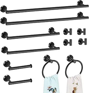 12 PCS Bathroom Hardware Set, 24" and 16" Towel Bar Set Matte Black, SUS304 Stainless Steel Bathroom Accessories Set Wall Mounted for Master Bath and Kitchen (Round)