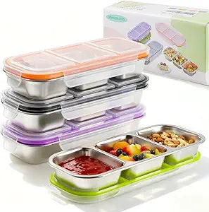 4 Pack Stainless Steel Snack Containers with Lids, 3 Compartments Reusable Snack Box for Adults, Food Storage Metal Containers Divided Meal Prep Box for Home, Work, Travel