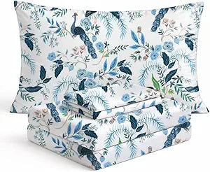 Where The Polka Dots Roam Peacock Sheets King Bedding Set - Super Soft 4 Piece Blue Floral Bed Sheets for Kids Teens with Fitted Sheet, Flat Sheet & Pillowcase - Colorful Peacock Bedding Room Dcor