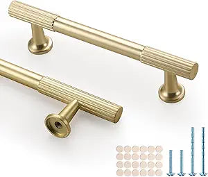 10 Pack Cabinet Handles for Drawers, Brushed Gold Kitchen Cabinet Pulls,3-3/4 Inch(96mm) Hole Centers Drawer Pulls, Solid Zinc Alloy Handles Hardware for Dresser & Cupboard