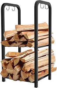 2-Tier Fireplace Firewood Rack Holder for Indoor Outdoor, Small Fire Wood Holder Log Storage Stacker Stand for Patio, Black(Without Wheels)
