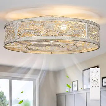 SHLUCE 22" Farmhouse Caged Ceiling Fan with Light, Flush Mount Low Profile Ceiling Fan with Lights, Large Bladeless Fandelier Ceiling Fan with Light and Remote for Kitchen, Bedroom, White Gold - ETL