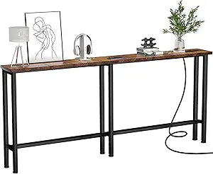 Keelian 78" Narrow Console Sofa Table with Power Outlets & 2 USB Ports, Metal Frame, Rustic Brown, Perfect for Hallway, Office, and Behind Sofa - Easy Assembly, 4.9' Extension Cord Included