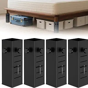 Heavy Duty Dorm Bed Risers Extenders, Increase Under-Bed Storage Space, Fits Bed Legs 2.2" to 3" Diameter, Thickened Steel for Extra Stability, 5-Level Adjustable Height, Black, 4-Piece.