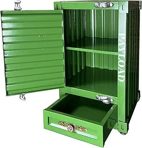 Industrial Shipping Container Nightstand - 20 Inch 3-Tier Iron Bedside Table with Drawer, Handcrafted Rustic Distressed Metal End Table for Bedroom, Bar, Garage (Green)