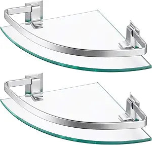 KES Glass Corner Shelf Bathroom, Corner Glass Shelf with Rail Wall Mount 2 Tier Sand Sprayed Silver Finish, A4120A-P2