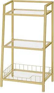 HOOBRO Gold Glass Shelf Stand, 3 Tier Standing Shelf Unit, Bathroom Organizer and Storage, Floor Storage Shelves Waterproof, for Bathroom, Laundry, Toilet, Tempered Glass, Gold GD77CJ01