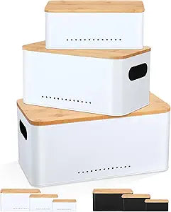 Honeydak 3 PCS Metal Storage Box with Bamboo Lid Vegetable Potato Onion Aerating Keeper Multi-size Farmhouse Storage Bin with DIY Label Sticker For Kitchen Toyroom Bathroom Office Home Business(White)