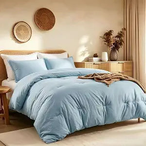 Quataly Queen Comforter Set Prewashed Lightweight Quilted Bedding, All Season Breathable Down Alternative Solid Mist Blue Comforter (90"x90") with 2 Pillowcases