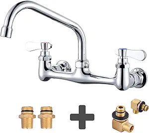Commercial Sink Faucet with 8 Swivel Spout and Supply Lines 8" Center Wall Mount Kitchen Faucet & 1/2" NPT Wall Mounting Faucets Installation kit Replacement, Back Splash Mount Set