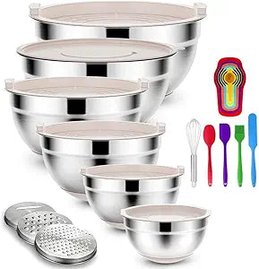 Rottay Mixing Bowls Set with Airtight Lids: 20PCS Stainless Steel Nesting Bowls - Size 7, 4, 3, 2, 1.5, 1QT Bowls with 3 Grater Attachments & Non-Slip Bottoms for Baking & Prepping